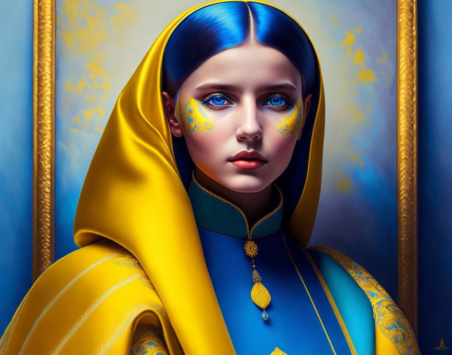 Blue-haired woman in yellow headscarf and blue garment on framed blue background