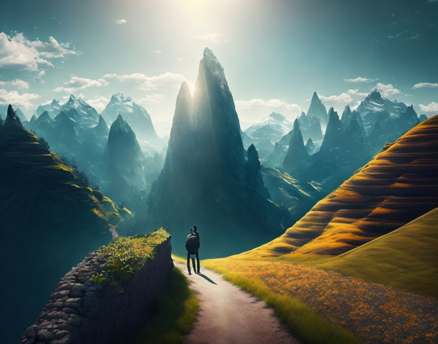 Person at Path's Start Facing Towering Mountains and Fields