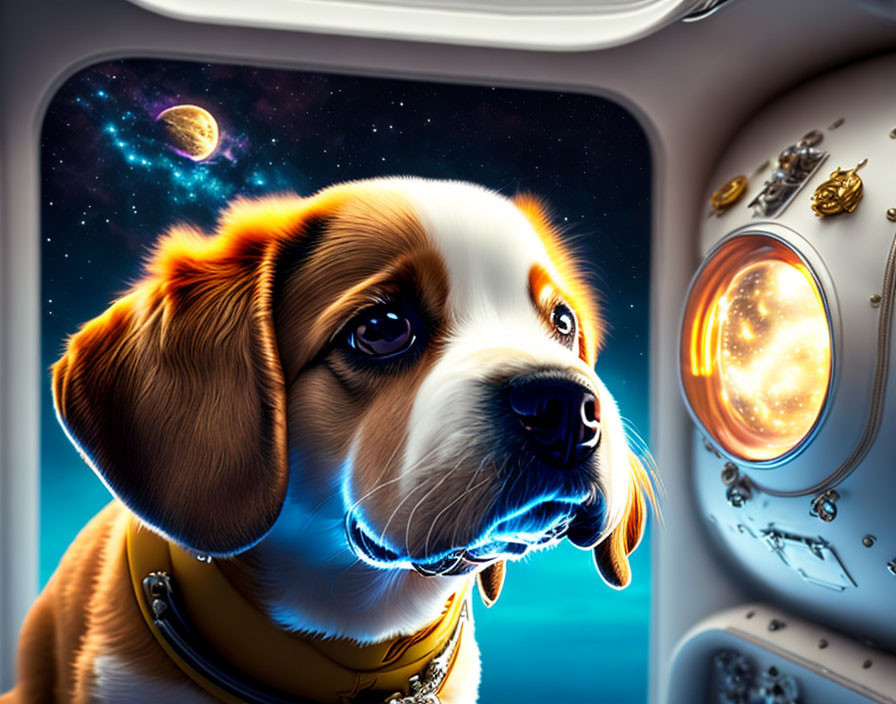 Dog in space suit gazes at Earth and moon from spacecraft