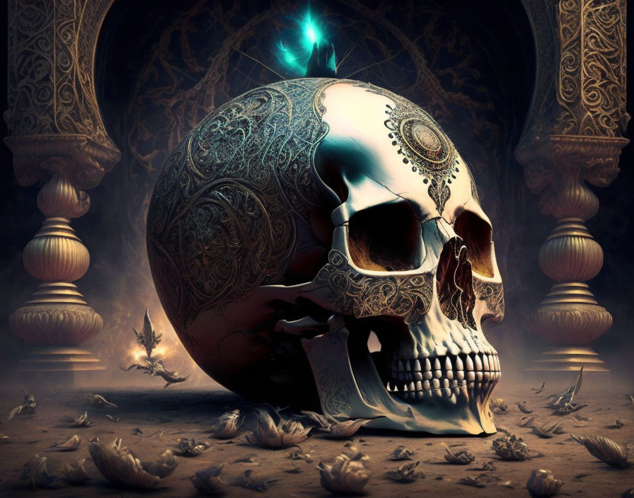 Intricately designed skull with blue gem on sandy floor surrounded by candles