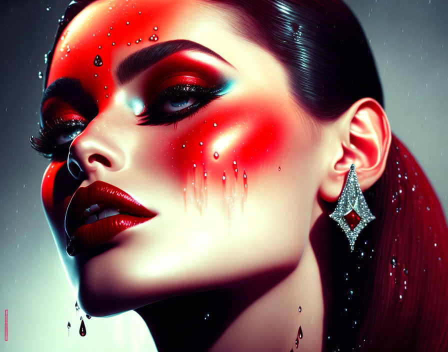 Vibrant red makeup and dramatic lighting in stylized portrait.