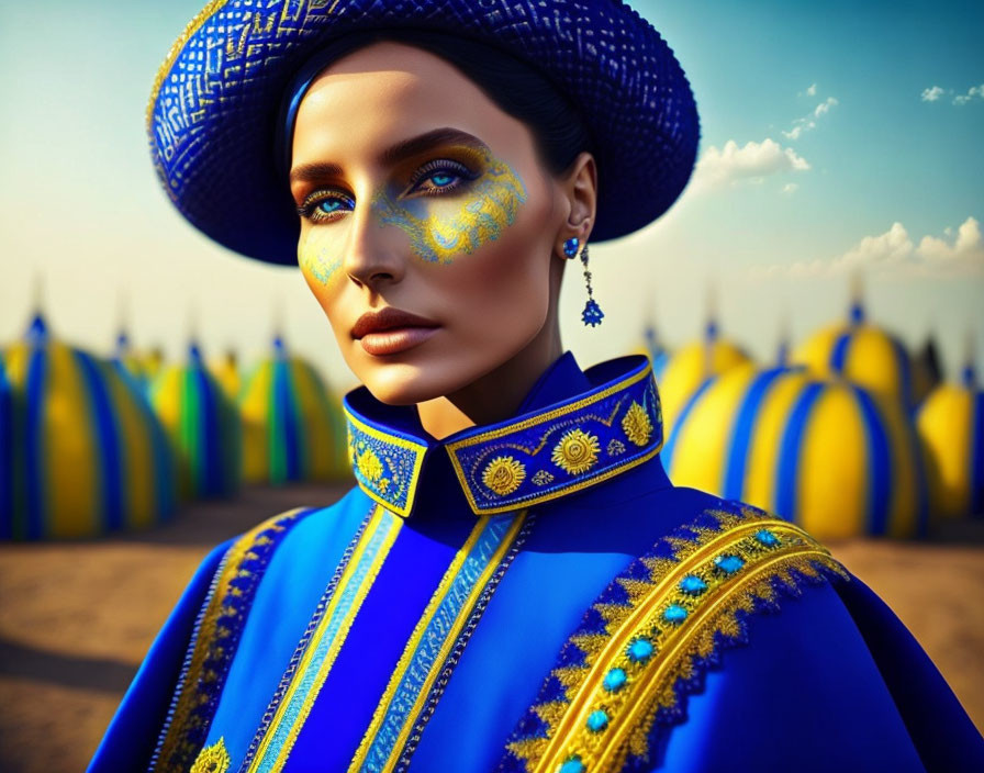 Woman with golden makeup in blue outfit and hat against blue and yellow background