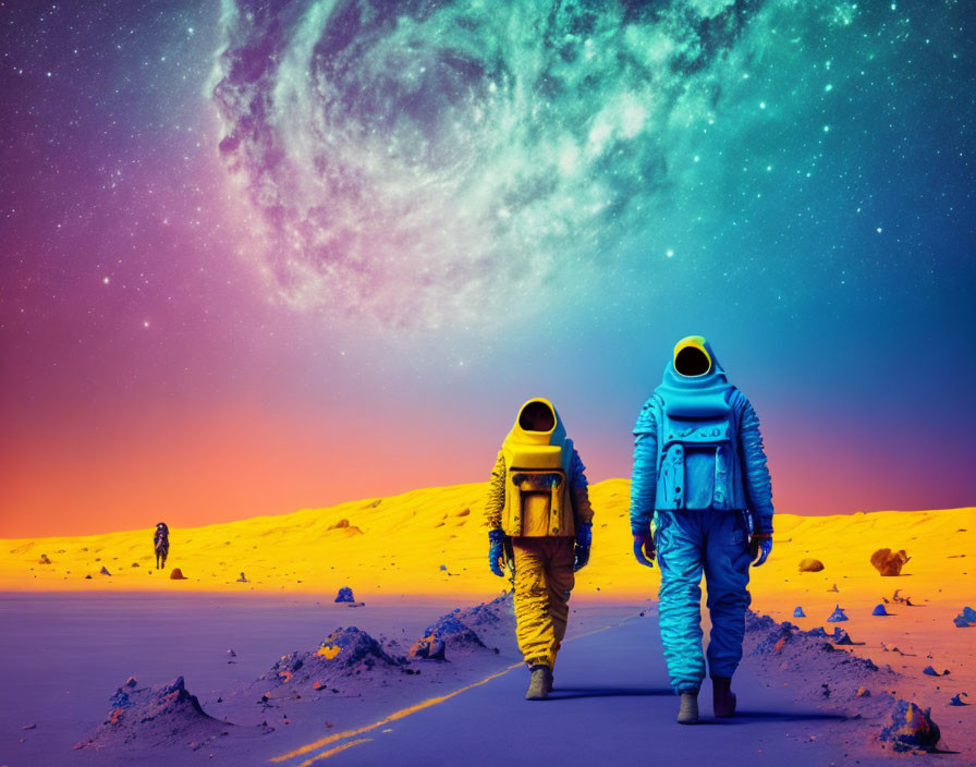 Colorful spacesuits on alien desert landscape under vibrant starry sky