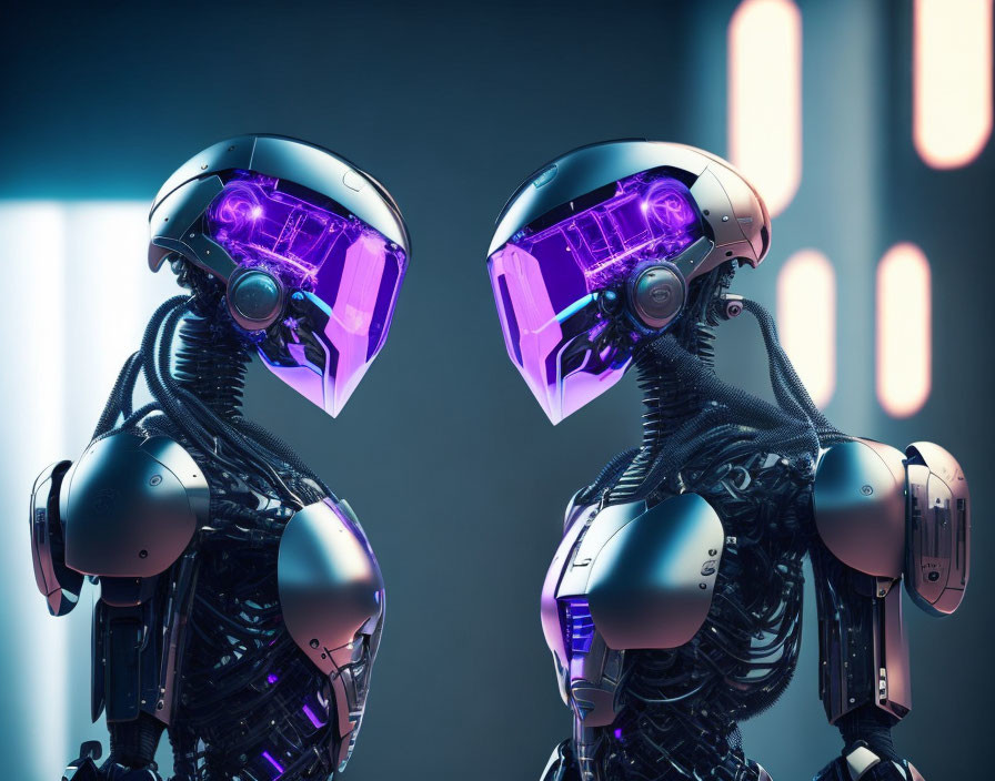 Futuristic robots with purple-tinted visors in detailed design