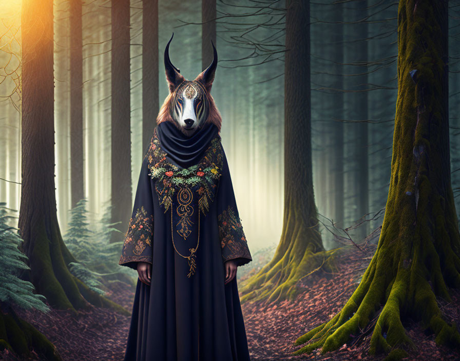 Goat-headed figure in ornate cloak in sunlit forest