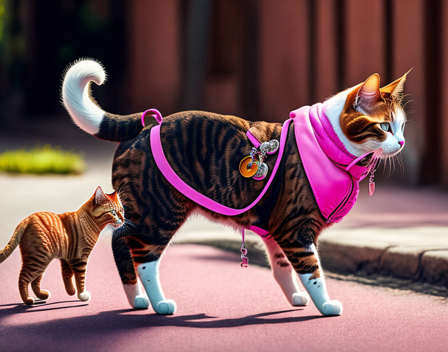 Two Cats Outdoors: Large Cat in Pink Harness Leading, Smaller Cat Following