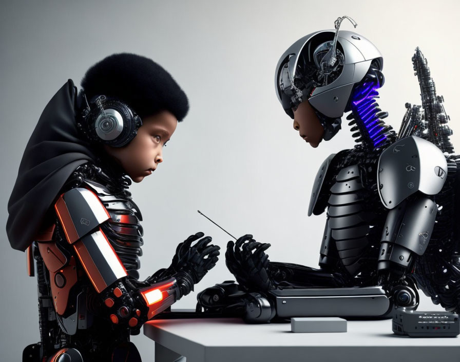 Futuristic boy with headphones encounters humanoid robot