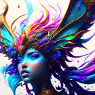 Colorful digital artwork: Woman with blue skin, intricate headdress.