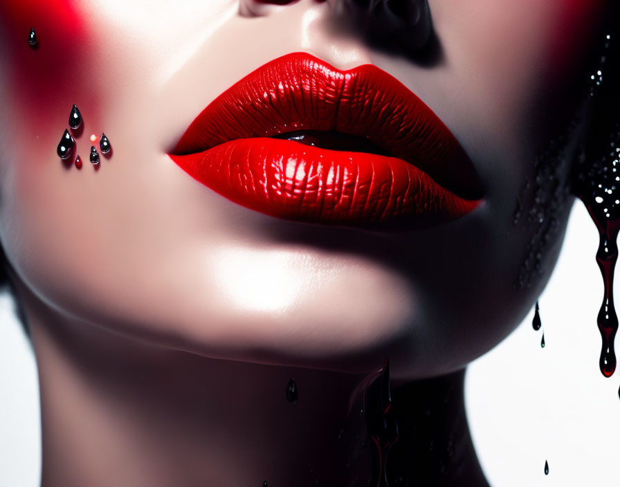 Vibrant red lips with water droplets on white background