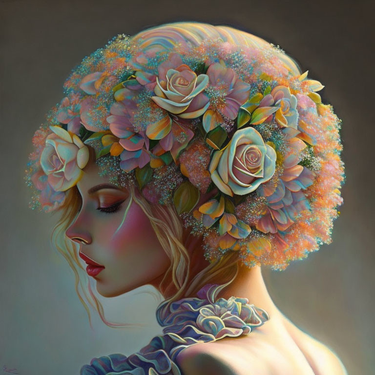 Portrait of Woman with Pink and Yellow Rose Floral Hat and Serene Expression