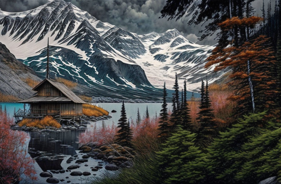 Tranquil lake scene with cabin, autumn trees, and snowy mountains