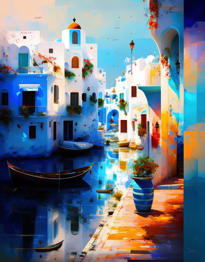 Vibrant Mediterranean Coastal Village Painting with White Buildings