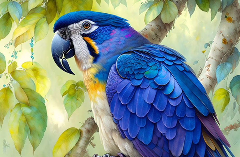 Colorful Blue Macaw Perched in Lush Foliage