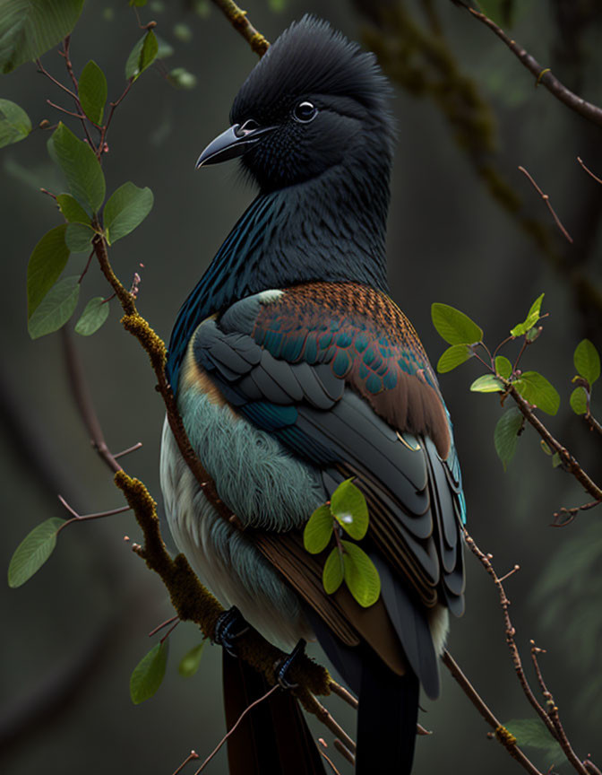 Iridescent blue and copper bird perched on branch among green leaves