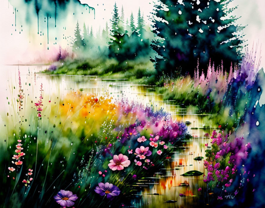 Vibrant floral lakeside watercolor painting with evergreens and reflective water