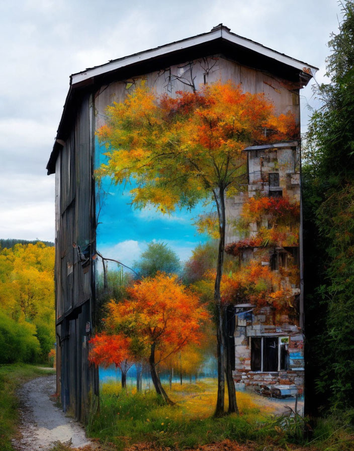 Vivid autumn mural on weathered building with real trees blending in