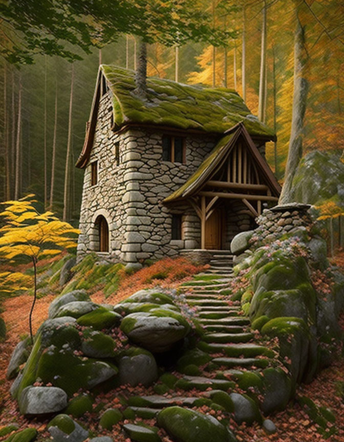 Stone Cottage with Thatched Roof in Autumn Forest with Moss-Covered Stairs