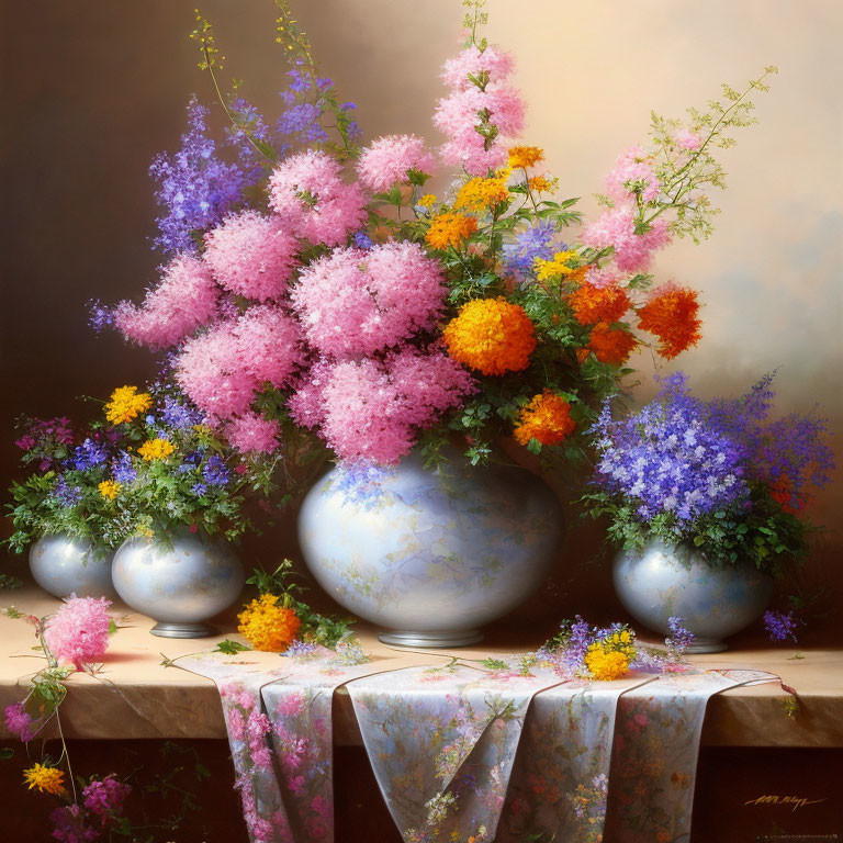 Colorful bouquet painting with rounded vase and draped table