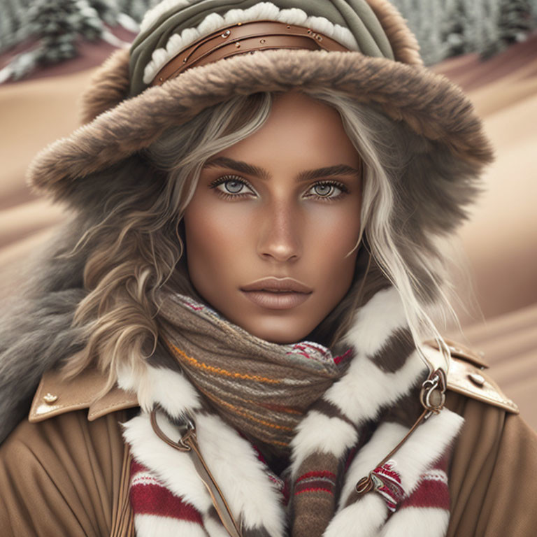 Digital artwork of woman with blue eyes in fur-trimmed hat & coat