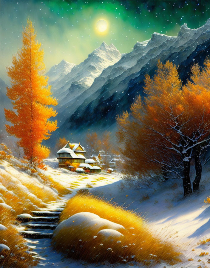 Snowy mountains, cozy cottage, orange forest, starry sky, moonlit path