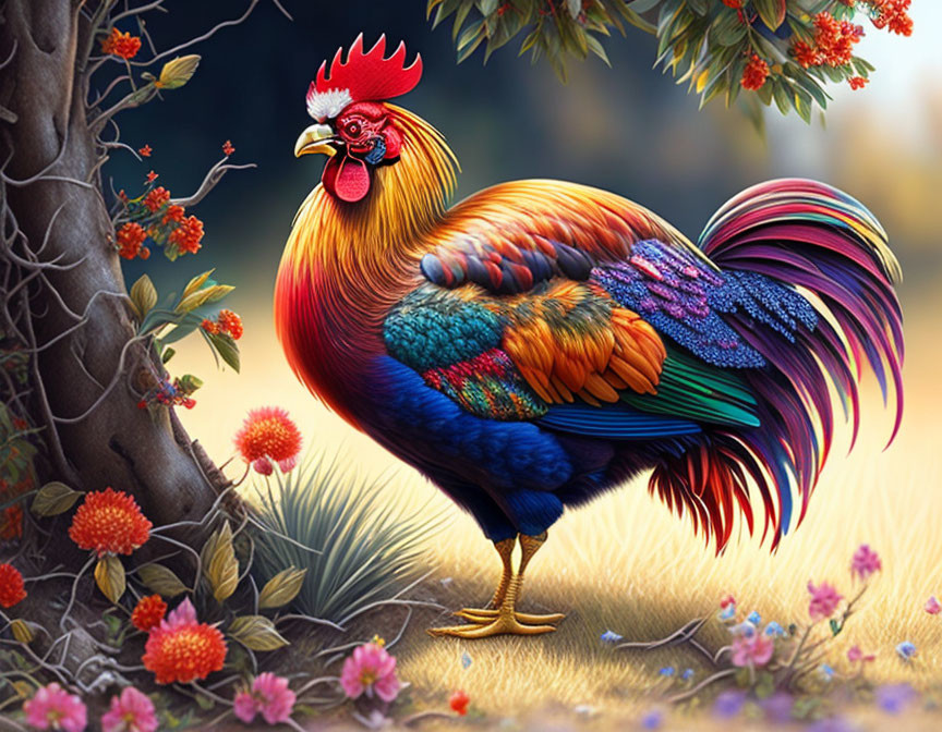 Colorful Rooster in Vibrant Garden with Flowers and Tree