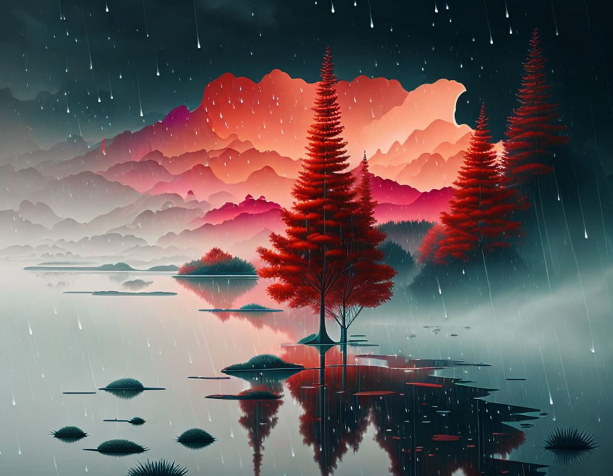 Red Trees Reflecting in Lake Under Rainy Sky with Layered Mountains