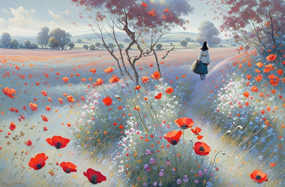 Person Walking Through Vibrant Field of Red Poppies and White Flowers