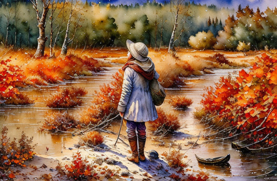 Person in Vintage Clothing by River in Autumn Landscape with Canoe