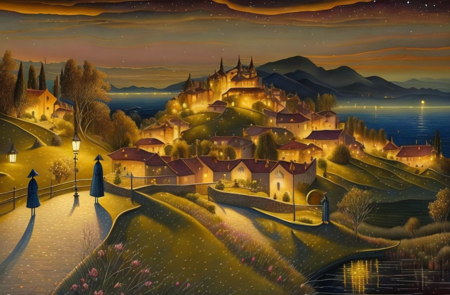 Village and Castle Night Landscape with Starry Skies