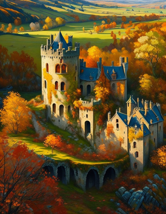 Medieval castle in vibrant autumn landscape with golden leaves