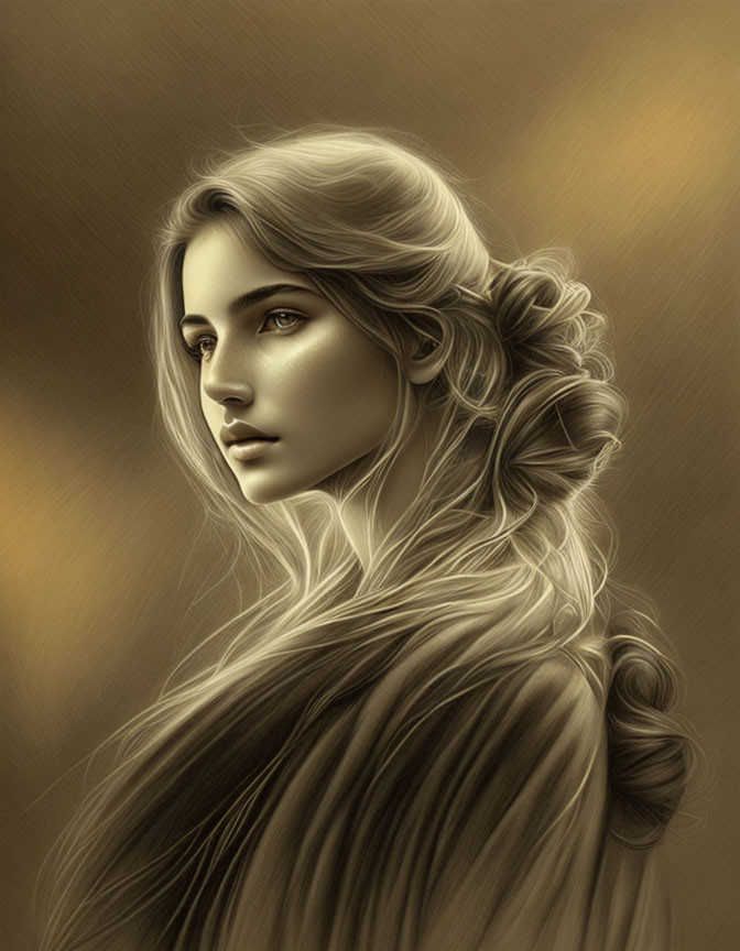 Sepia-Toned Digital Artwork: Woman with Flowing Hair and Serene Expression
