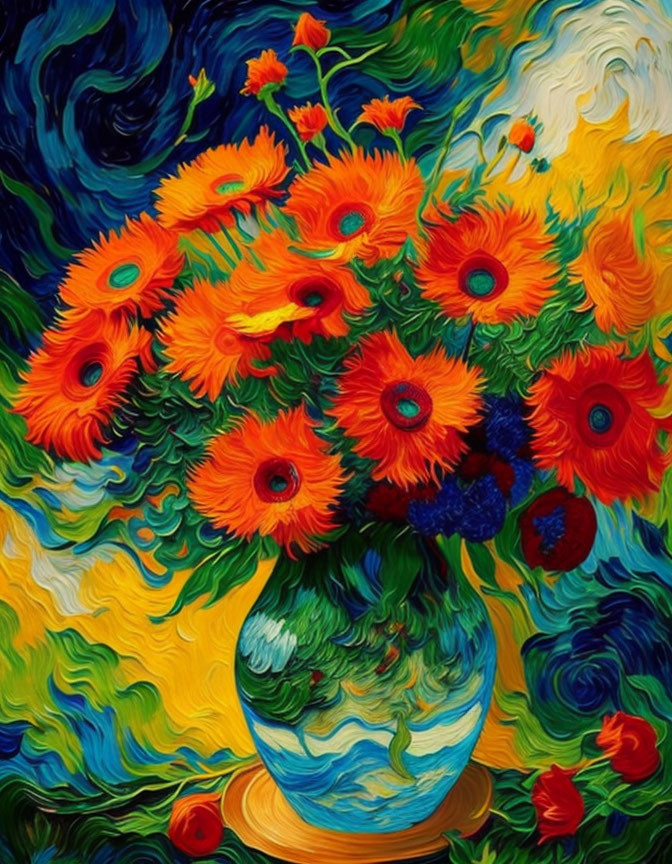 Colorful painting of orange flowers in blue vase with Van Gogh-inspired swirls