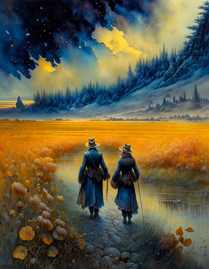 Figures in cloaks walking in vibrant orange field at dusk