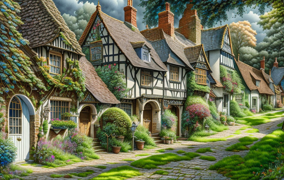 Tudor-style cottages on cobblestone path amidst greenery and flowers