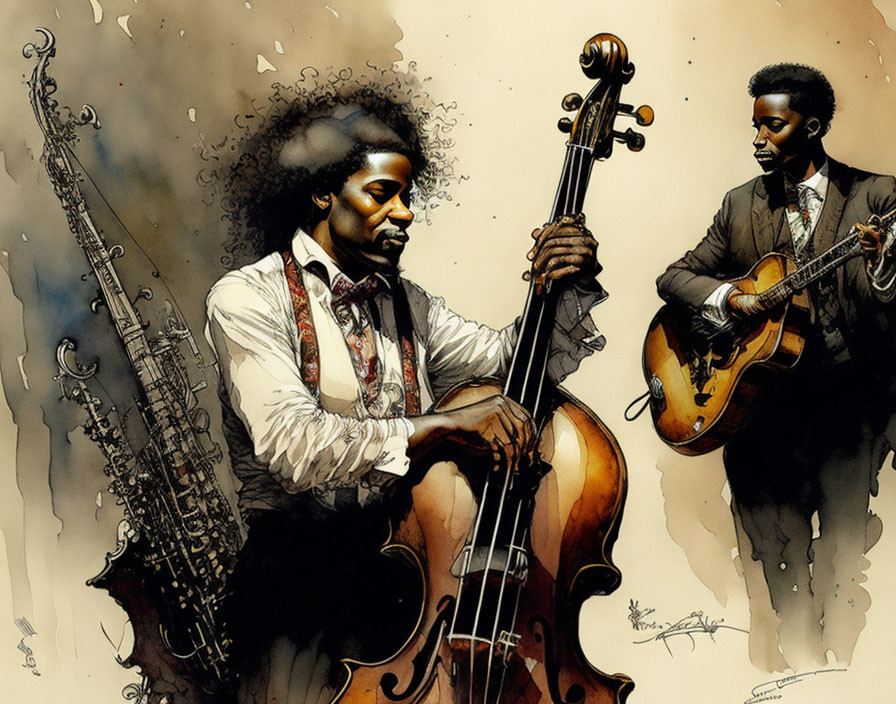 Vintage Attire Musicians Playing Double Bass and Guitar