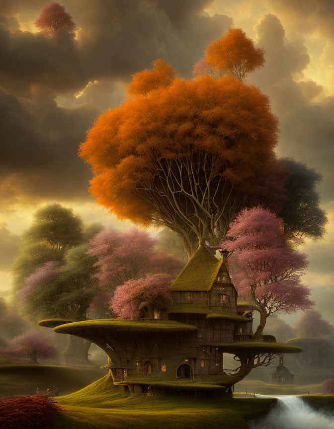 Fantasy house in giant tree with orange foliage, misty pink landscape.