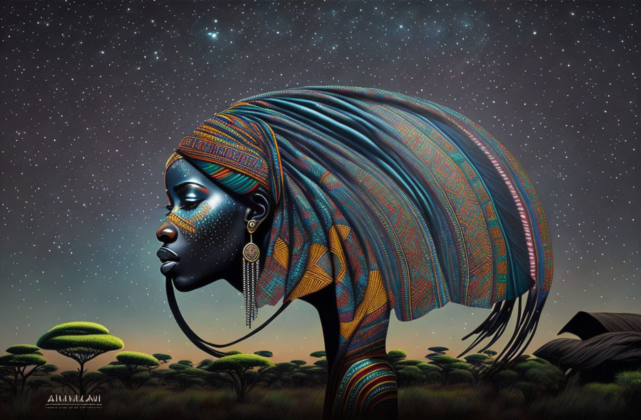 Digital artwork: African woman profile merged with starry night sky and savanna landscape