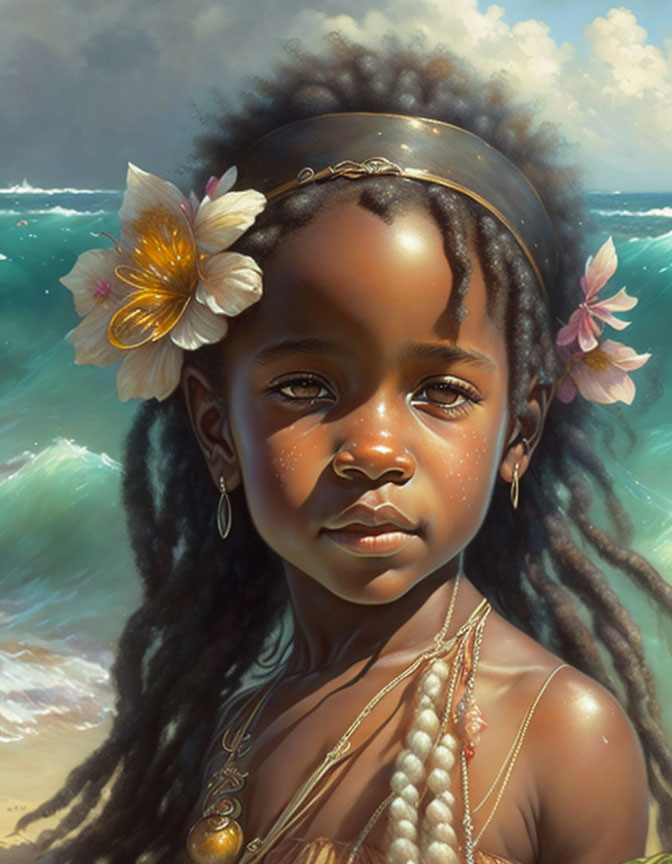 Portrait of young girl with braided hair, headband, beads, and flowers by serene sea