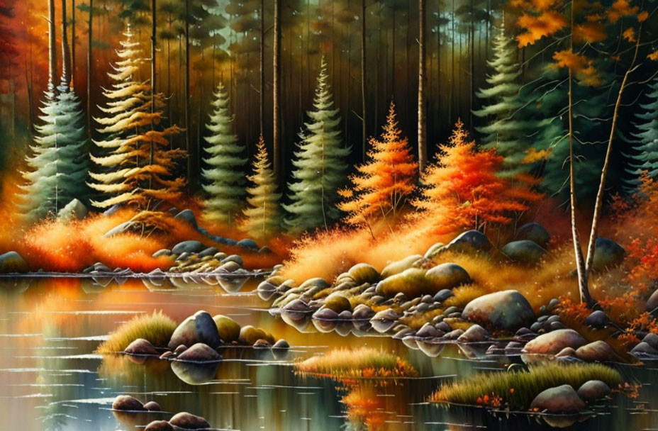 Tranquil autumn forest with colorful foliage reflected in still lake