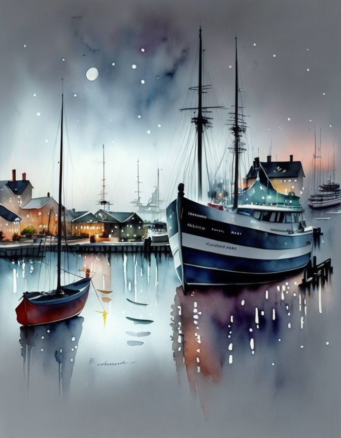 Night Harbor Watercolor Painting with Sailing Boats and Moonlit Sky