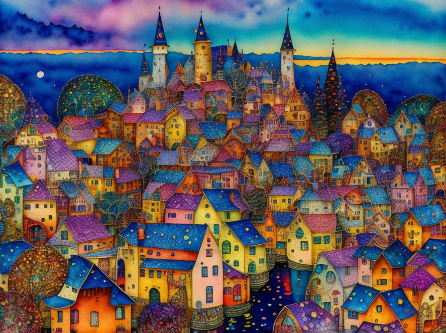 Colorful fantasy village with whimsical houses and castles under starry sunset sky.