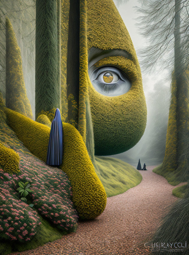 Surreal landscape with large integrated eye, figure in black, and fog-shrouded trees