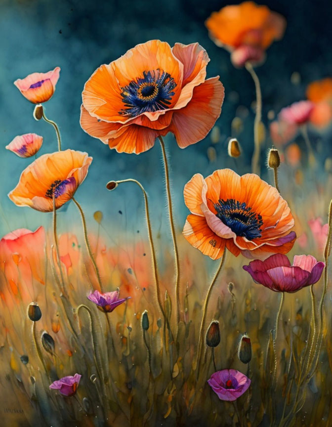 Bright Orange and Purple Poppies on Teal Background