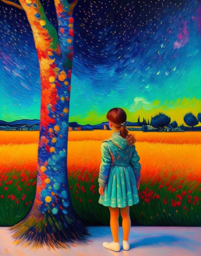 Girl in Blue Dress Contemplating Starry Night Sky in Colorful Landscape