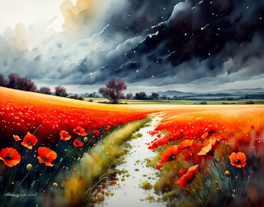 Dramatic stormy sky over vibrant red poppy field