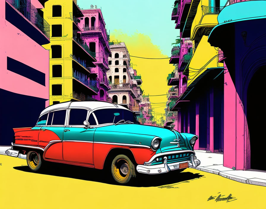 Vibrant vintage car artwork on colorful urban street