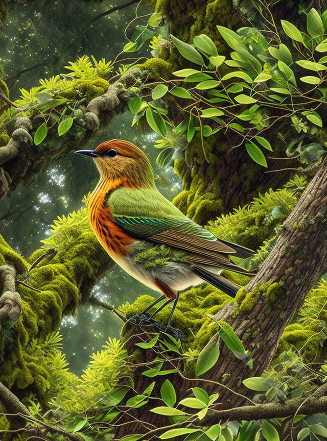 Colorful Bird in Vibrant Forest Setting with Moss-Covered Branches