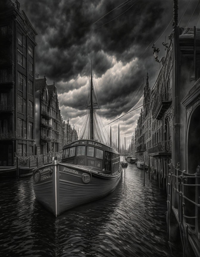 Monochrome canal scene with moored boat and old buildings under cloudy sky