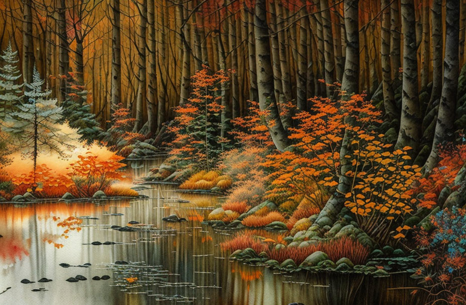 Tranquil autumn forest lake with vibrant foliage