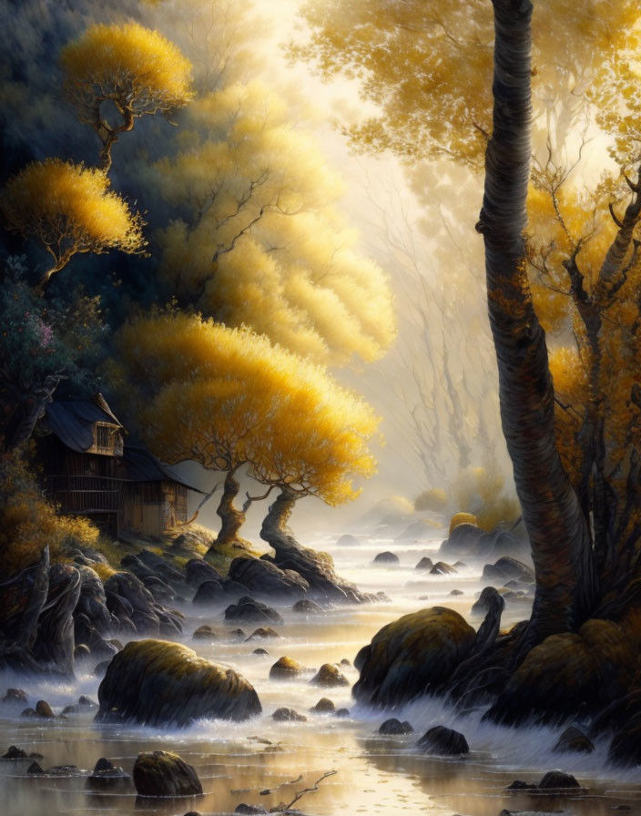 Golden Foliage, Misty Stream, Wooden Cabin in Serene Landscape